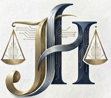 Emblema JJ: balanza de la justicia y circuito tecnológico